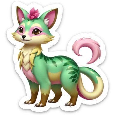Colorful brown with rose-pink, yellow-beige-cream, jade-green tropical exotic shiny beautiful fantasy-Vernid-Cacomistle-animal-Fakémon-hybrid-fursona (full body) sticker
