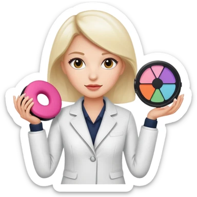 female researcher in a white jacket displaying a makeup cushion innovative tech sticker