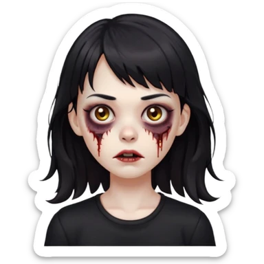 Zombie girl, with bangs above her eyebrows, her dark hair, thin eyebrows. Long hair and Wavy her clothes are black sticker