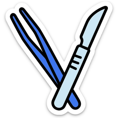 surgery icon style, simple and clear, scalpel and forceps, blue and white color scheme sticker