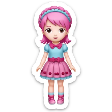 Isolated detaile illustration incredibly modern raspberry torte doll figurine full body with pink hair and a raspberry hairband sticker