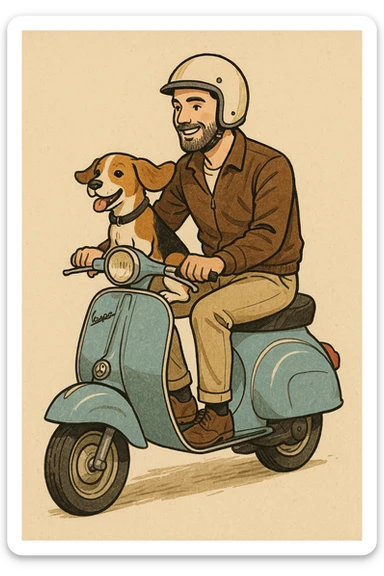 man and his pet dog riding a vespa sticker
