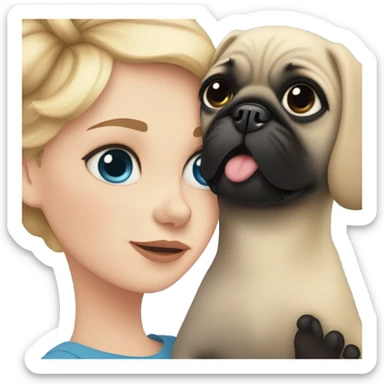 Girl with wavy blonde hair and blue eyes, kissing a black pug sticker