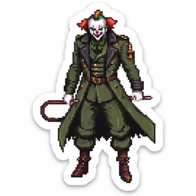 evil clown soldier, bald, small black horns on forehead, fangs, pointed ears, eye patch over one eye, long coat over black and military green clothes with bellbottom pants, tail, holding an Indiana Jones-style whip, realistically proportioned, less bulky, full body, fighting stance sticker