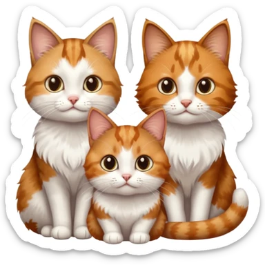 3 small cats each are different colours including a brown tabby and white, a patchy calico, and a ginger and white sticker