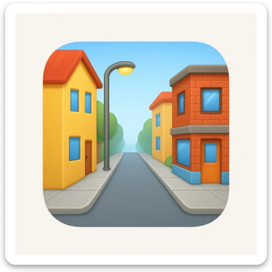emoji of a small  street scene — a narrow road with a sidewalk, a few  buildings on the sides, and a streetlight. Soft daylight, clean design, minimal background, cheerful and detailed Apple emoji style sticker