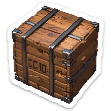 Wooden crate with metal reinforcements, color #c2410c with darker wood grain, visible wood grain texture, metal bands across the crate, slight 3D effect with shading, breakable appearance, small warning symbol, 32x32 pixels sticker