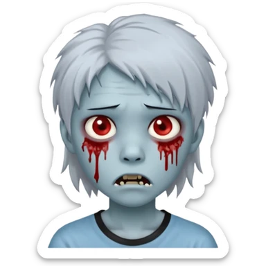 Create a 3D emoji-style avatar with very pale blue-grey zombie skin like the reference image, a young Asian face, and large eyes with blood tears. Give it white mullet-style hair, silver hoop earrings, and a simple black T-shirt. The expression should be neutral or slightly angry sticker