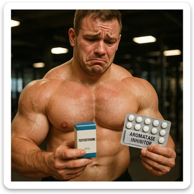 realistic beginner bodybuilder with swollen muscles holding box of testosterone and package of aromatase inhibitor, regretful expression, red skin, gym background, 4K quality sticker
