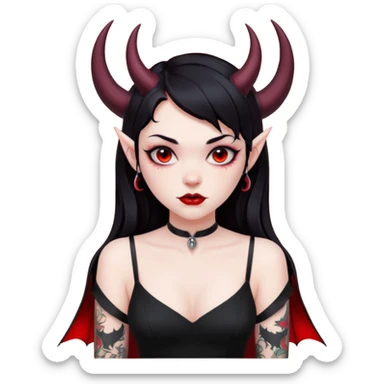 Demon girl, entire skin solid red, black hair, horns, bat wing, black dress, tattoo-flash comic. sticker