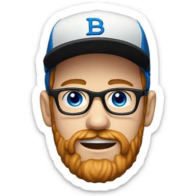 30 years old. male. short curly red hair, glasses, black baseball hat, blue eyes, pale complexion, thick beard and thin mustache sticker