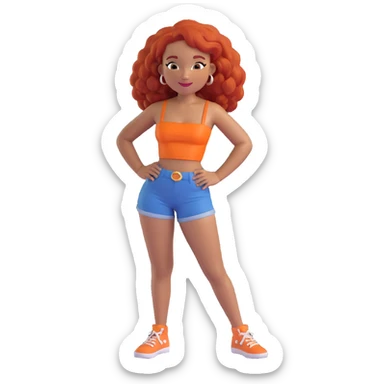 emoji of a light skinned Black woman with red hair, wearing an orange tube top and daisy duke shorts, friendly expression sticker