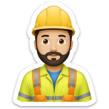 man with dark hair and beard and yellow hi vis overalls sticker