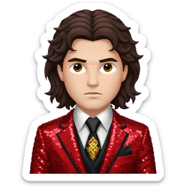Ares from Greek Mythology with long dark brown wavy hair, red sequin suit jacket and tie, black shirt sticker