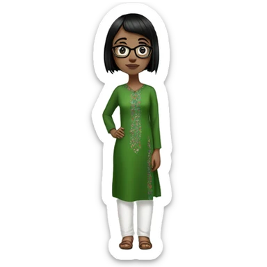 White girl in a green kurta with flower design, glasses, alot of piercing, gay, red lips, nose ring, full body, short straight black edgar hair, black straight hair, front bangs sticker