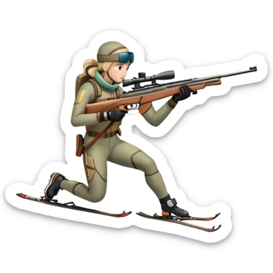 An icon showing a snowy landscape with pine trees, mountains, and a clear sky with a biathlete aiming a rifle in the foreground, wearing winter gear and skis. Transparent background emphasizes the precision, endurance, and beauty of this winter sport. sticker