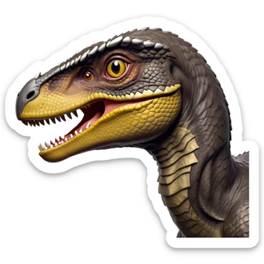 Cinematic Noble Jurassic Velociraptor Portrait Emoji, Poised and menacing, with a sleek, muscular build clad in dark, scaly skin reminiscent of Jurassic Park’s iconic raptor, a sharply curved snout and piercing, intelligent eyes that exude predatory cunning, Simplified yet boldly defined features, highly detailed, glowing with a cool, ominous radiance, high shine, intelligent and relentless, stylized with an air of cinematic prehistoric authority, focused and alert, soft glowing outline, capturing the essence of a watchful and confident Jurassic Velociraptor that appears ready to dash out of the screen with effortless power! sticker