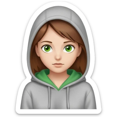 The girl is an artist with brown hair, green eyes and a gray hoodie sticker