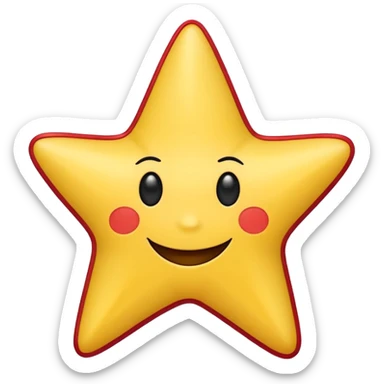 A friendly, cartoon-style yellow star with a cheerful, smiling face. The star should have smooth, rounded edges and a soft red outline along its right side and bottom edge. Its expression includes two small curved black eyes, a small curved eyebrow, and a wide, friendly black smile sticker