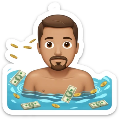 Man with short brown hair and a goatee swimming and a pile of money sticker