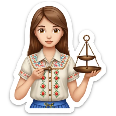 A Ukrainian girl with brown hair in an embroidered shirt holds the scales of truth in her hand sticker