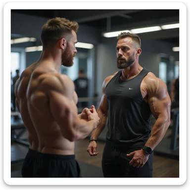hyperrealistic 4K scene of bodybuilding coach talking with a client in a gym, both in sportswear, motivational atmosphere, detailed gym environment with equipment in the background, serious and focused expressions sticker