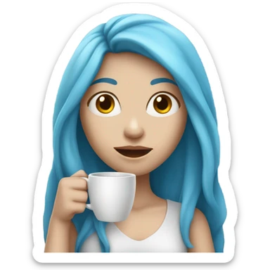 white skin girl with blue long hair drinking coffee sticker