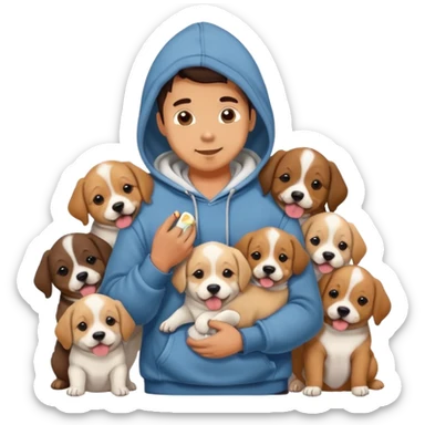 Cute dog lover boyfriend with soft smile, surrounded by puppies, wearing hoodie and jeans, one dog licking his face sticker