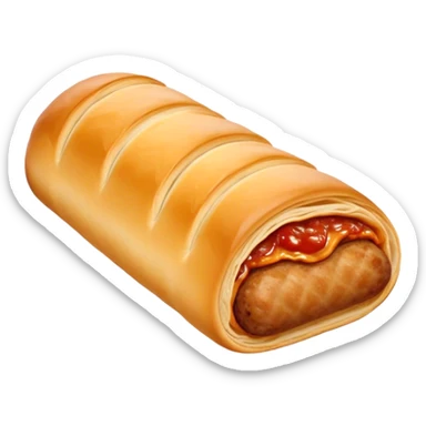 cinematic-realistic-sausage-roll-dish-emoji,-depicted-with-a-crisp,-golden-pastry-wrapped-around-flavorful-sausage,with tomatoe sauce on top sticker