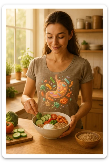 A realistic, warm-toned image of a young woman in a bright, cozy kitchen preparing a healthy meal rich in fiber and probiotics. She smiles softly, focused and calm, as she adds fresh vegetables, fermented foods like yogurt or kimchi, and whole grains to a bowl. Around her abdomen, a subtle, glowing overlay of balanced gut flora—colorful, friendly bacteria and microbes—swirls gently, symbolizing intestinal health and harmony. The setting is natural and inviting, with sunlight streaming through the window, potted herbs on the counter, and clean wooden surfaces. The overall mood conveys wellness, self-care, and the positive journey toward gut balance sticker