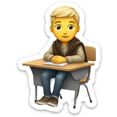 white boy sitting in a school desk with a blanket wrapped around shoulders sticker