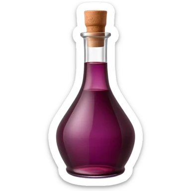 clear glass bottle filled with deep reddish-purple vinegar, slightly translucent, rich hue, upright, smooth curves, narrow neck, simple neutral cork or cap, no label, soft lighting, subtle shadows, transparent background, emoji scale sticker