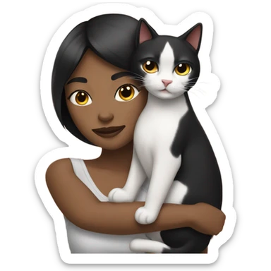 Brown woman with black hair hugging a black and white cat  sticker