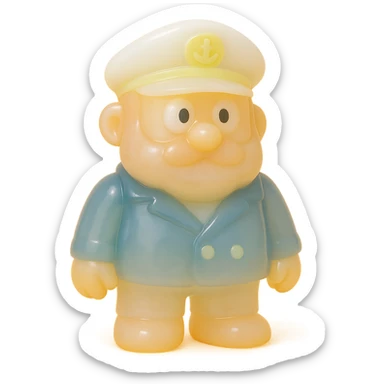 full-body boat captain, retro 90's toy style, very transparent and slightly see-through, natural tan skin, white captain's hat, navy jacket, derpy eyes, soft plastic texture, soft reflections, soft and squishy, some cloudiness, not shiny, highly detailed, appealing, no tag, no background, match style and proportions of provided pirate reference sticker