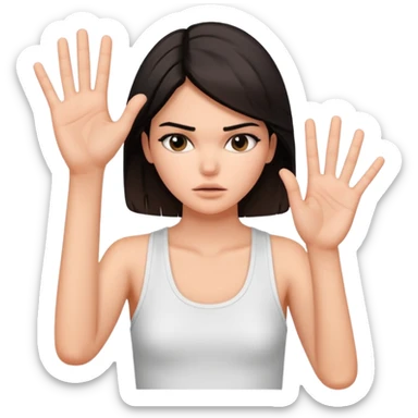 kendall jenner looking anoyed and showing one palm which is small signalising stop sticker