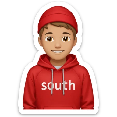 make me an emoji of an americain 19 yearold boy in a red hoodie that says "south" on it and give him with tan skin with his hands in his pockets with the sleevs pulled up grining with a jaw line  sticker