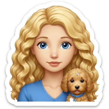 Long blonde hair, blue eyed woman with wavy blond goldendoodle sticker