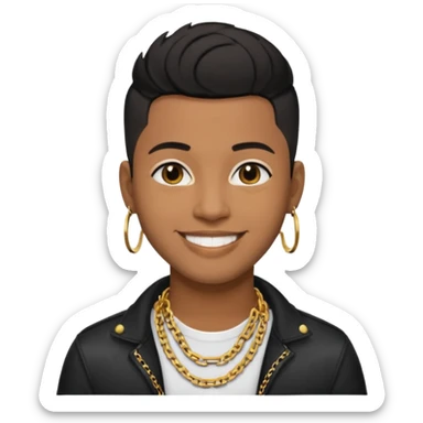 30-year-old brown-skinned music producer, short black undercut hair, gold chain, modern style, smiling sticker