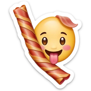 tongue out emoji holding a bacon strip, playful pose sticker