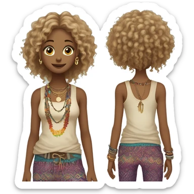 Hippie girl with curly dirty blonde hair, hazel eyes, baggy colorful pants and a tank top, LOTS OF bohemian bracelets and jewelry sticker