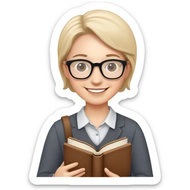 English teacher holding a book, smiling, wearing glasses sticker