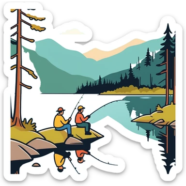 two men fishing at a forest lake sticker