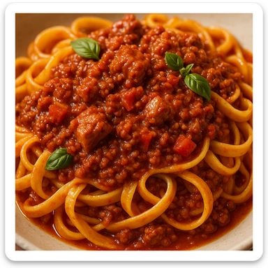 close-up of appetizing pasta bolognese with diced meat, vibrant colors, no text sticker