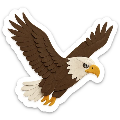close-up of a flying bald eagle, paper craft style, fine paper edges, intense gaze, white and brown feather patterns, yellow beak, wings extended sticker