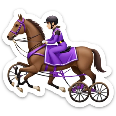 A high-speed harness racing horse that is brown and with four legs. The sulky, a lightweight two-wheeled cart, should be black and attached to the harness. The driver should be sitting in the sulky with a purple dress. sticker
