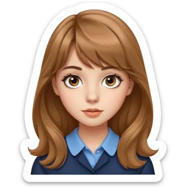 24세 광고홍보전공하는 대학생 여자, 앞머리가 있는 회갈색의 긴 웨이브 머리, 같은 회갈색 컬러의 눈썹,  큰 눈에 아이라인이 그려져있고 동그란 코에 적당한 입술 두깨, 시크한 표정 sticker