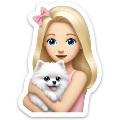 Blond girl white skin blue eyes hugging white Pomeranian with light pink bow sticker
