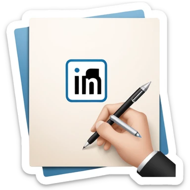 A hand writing a paper with the LinkedIn logo on it sticker