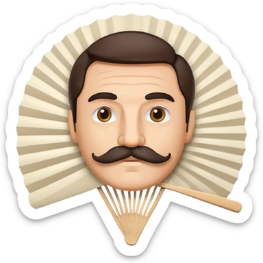 Folding paper fan with an Italian man with mustache printed as decoration on the fan surface sticker