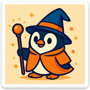 cute cartoon style penguin dressed as a wizard, wearing a pointed hat and holding a magic staff sticker